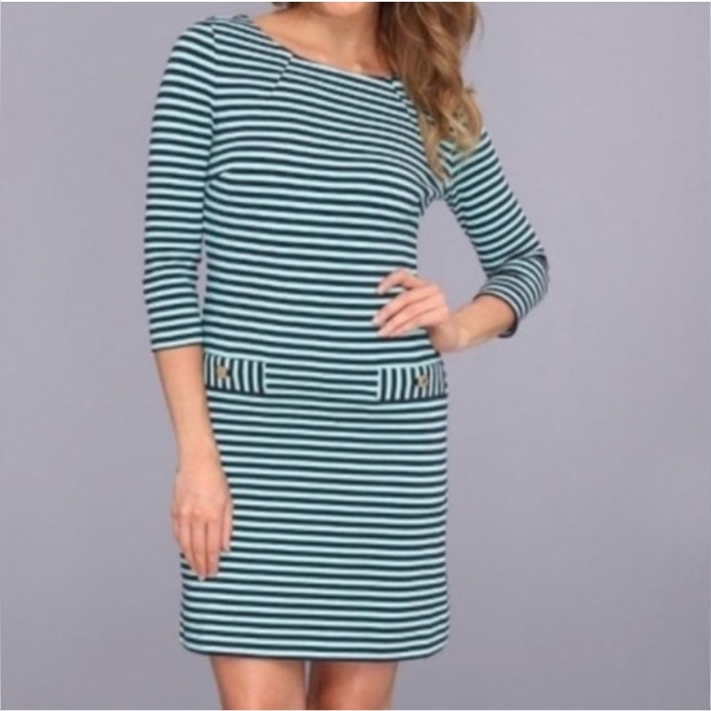 Lilly Pulitzer Charlene Aqua Stripe Ottoman Pocket Boatneck Dress.